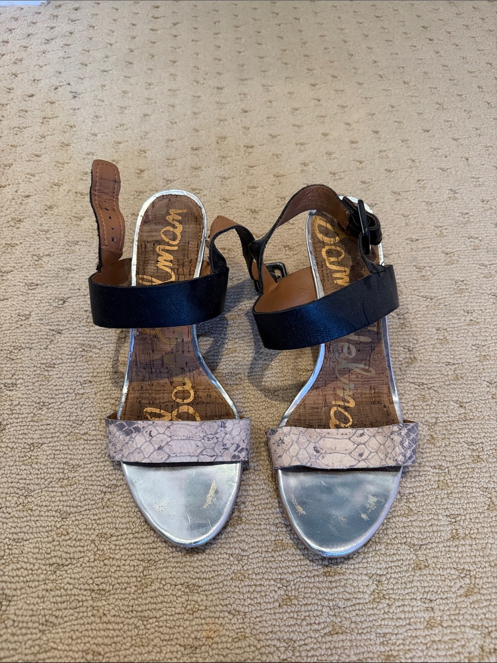 Sam Edelman Black and Beige Snake-Print Ankle Strap Sandals